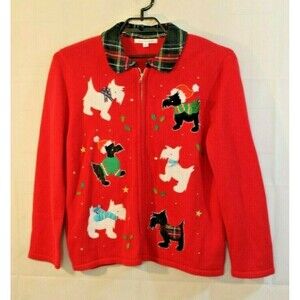 Mercer Street Studio Womens Scottie Dog Red Christmas Sweater Cardigan Size XL